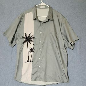 Hawalili palm tree print short sleeved button down shirt. Size 2XL